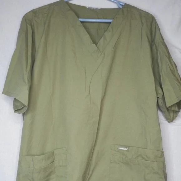 Solid Unisex Army Green Scrub Top Laudau M… - Picture 1 of 5